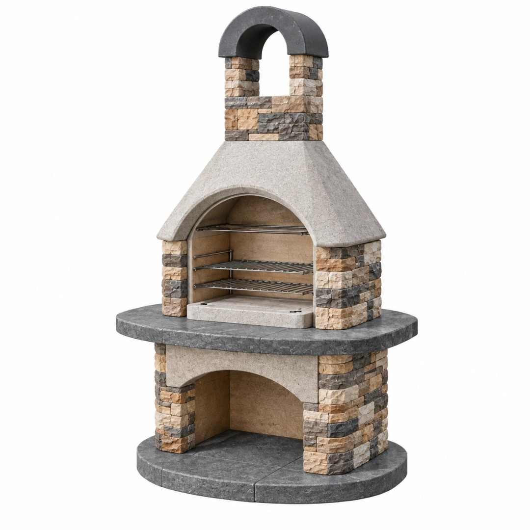 Barbacoa de jardín 120 x 80 x 220 cm de piedra gris y beige con parrillas de acero para exterior