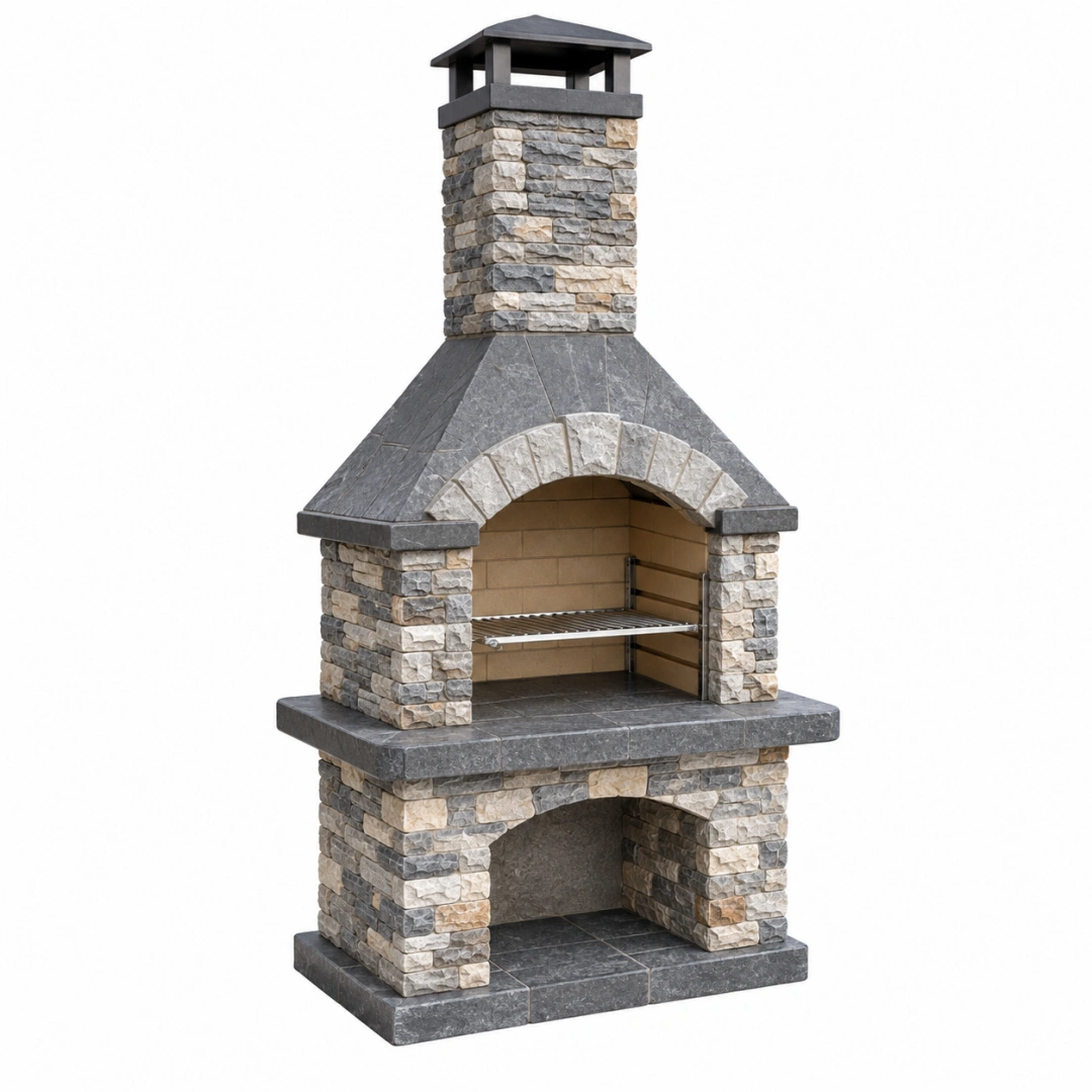 Barbacoa de jardín 120 x 70 x 230 cm de piedra gris con parrilla metálica estilo rústico