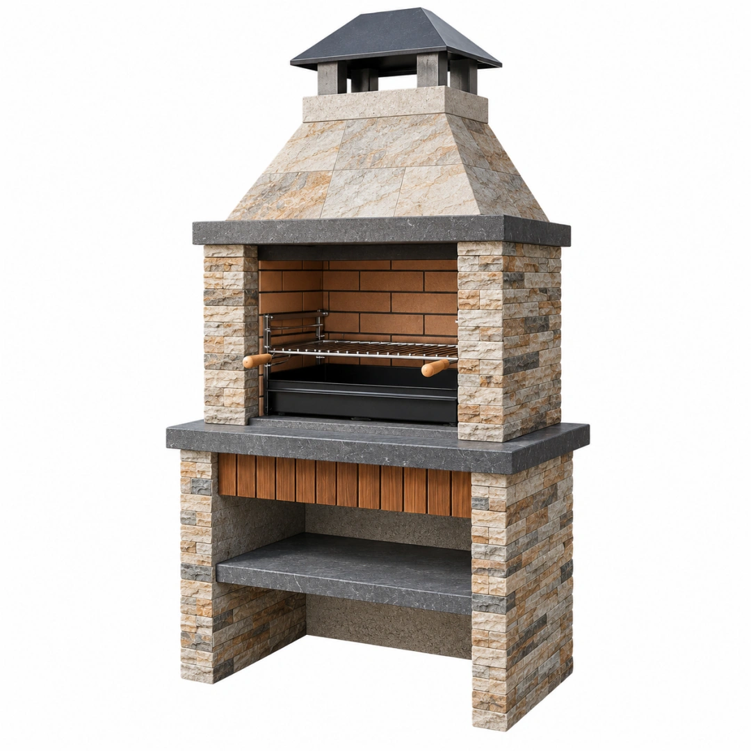 Barbacoa de obra 120 x 70 x 230 cm de piedra y metal beige negro con parrilla para exterior