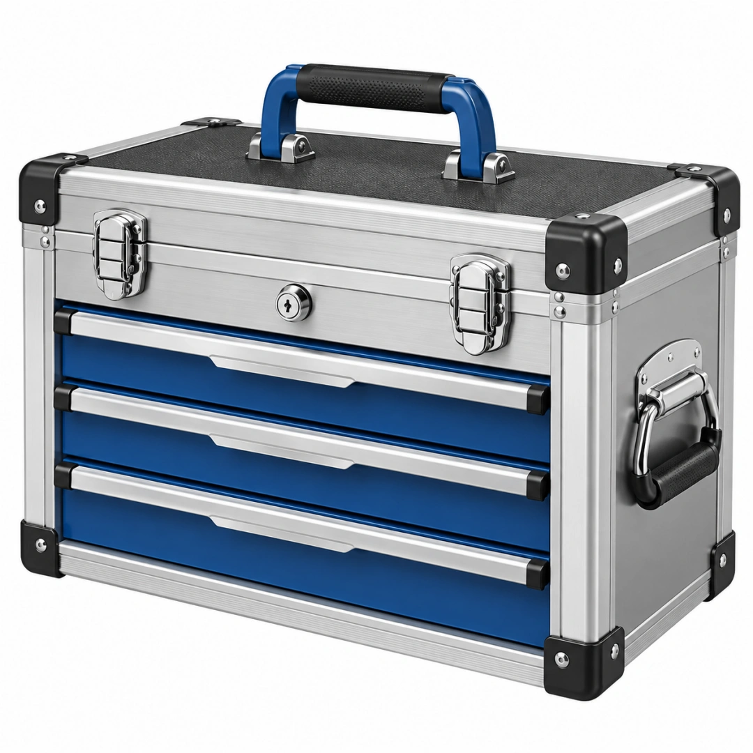 Caja de herramientas 45 x 25 x 35 cm de aluminio azul y plata con cajones portátil