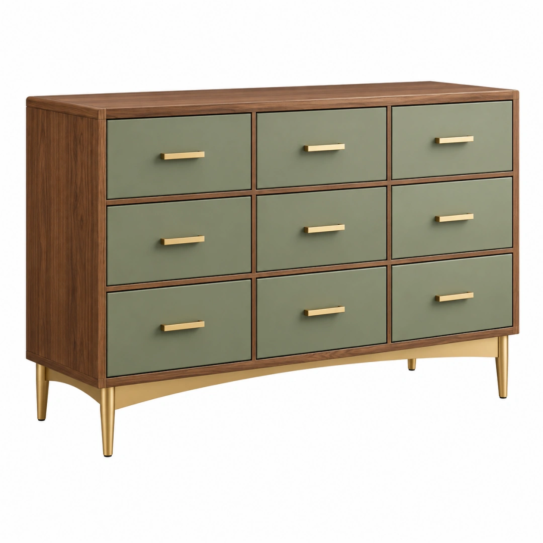 Cómoda 150 x 45 x 90 cm de madera nogal y verde con 9 cajones estilo moderno