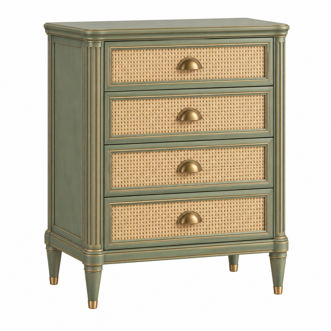 Cómoda 80 x 40 x 100 cm de madera verde con ratán - estilo clásico para dormitorio