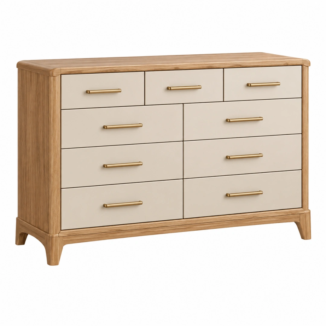 Cómoda 150 x 45 x 95 cm de madera marrón y beige con 9 cajones estilo contemporáneo
