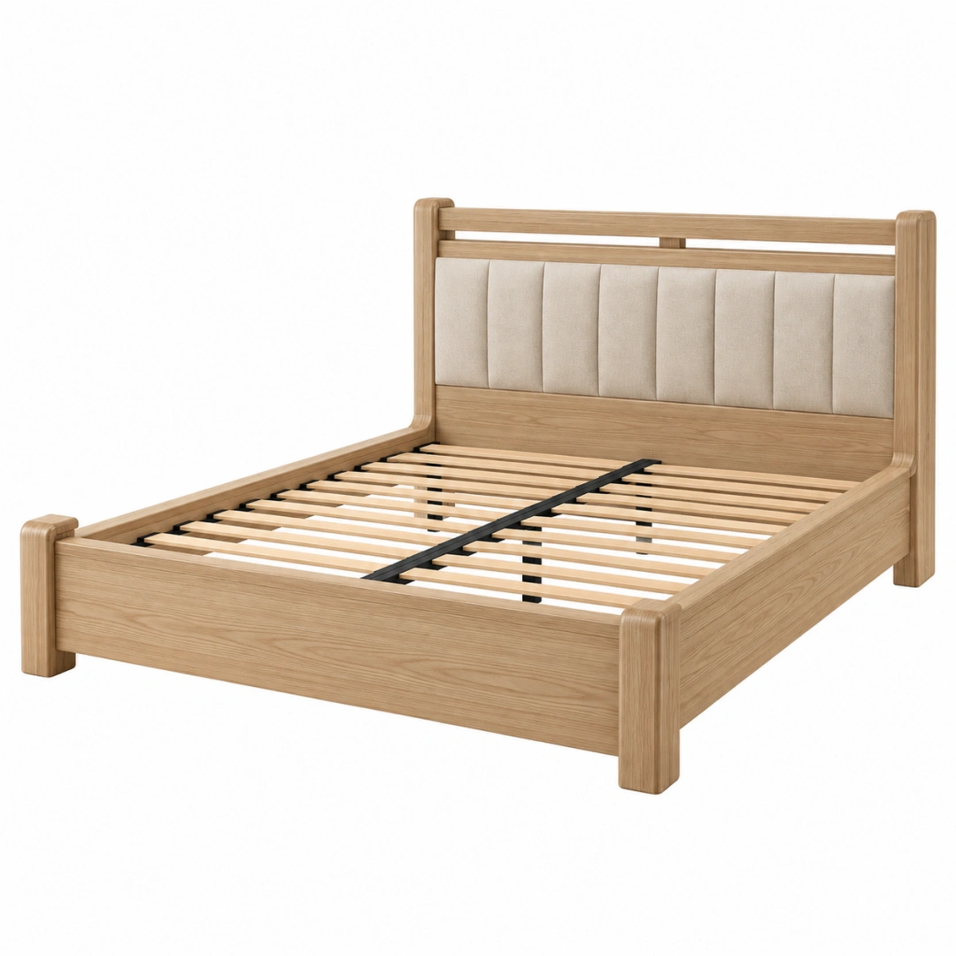 Cama de 160 x 200 cm de madera natural con cabecero tapizado beige y somier de láminas