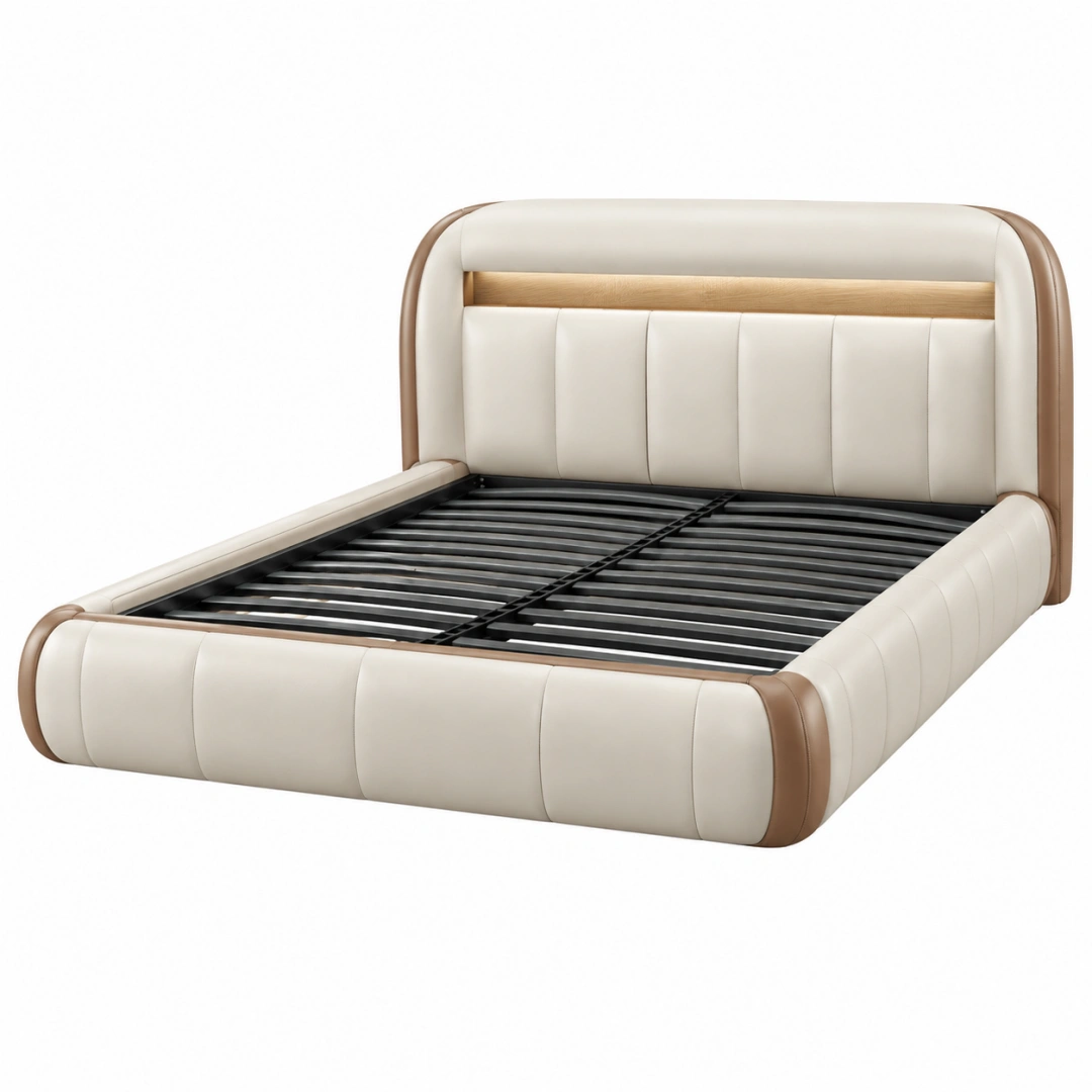 Cama tapizada 160 x 200 cm beige y marrón con somier de láminas estilo moderno