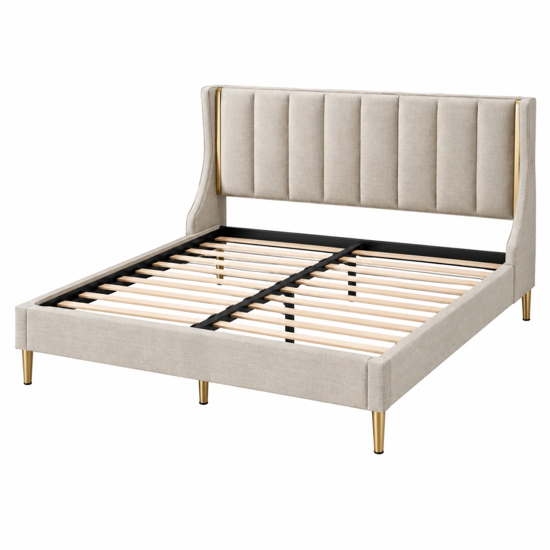 Cama doble 160 x 200 cm tapizada en beige con somier de láminas estilo contemporáneo