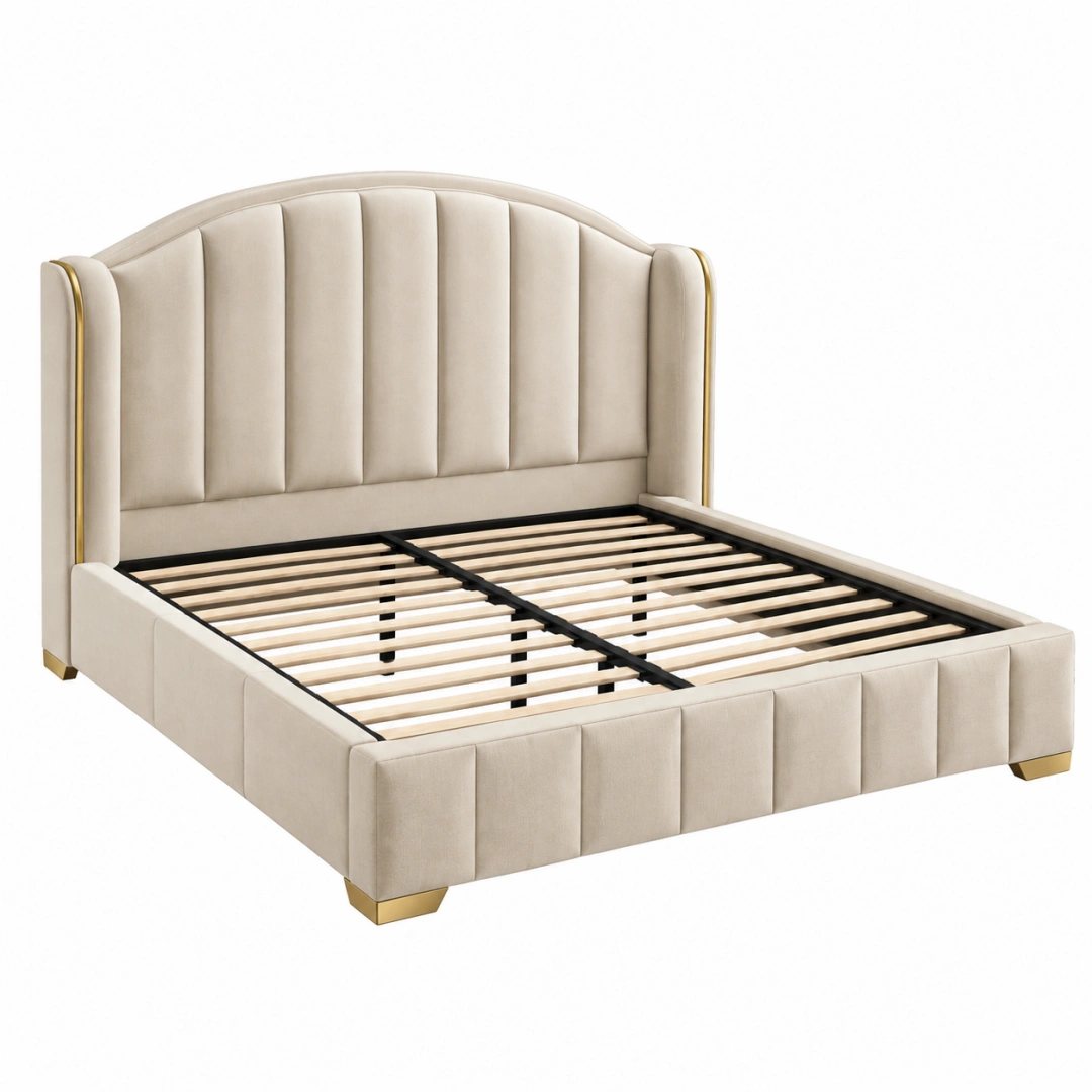Cama tapizada 160 x 200 cm en tela color marfil con somier de lamas estilo contemporáneo