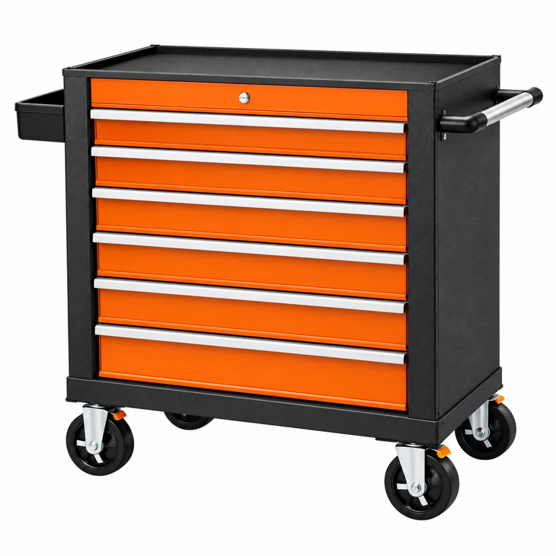 Carro de herramientas 77 x 46 x 95 cm de acero negro y naranja con 7 cajones y ruedas