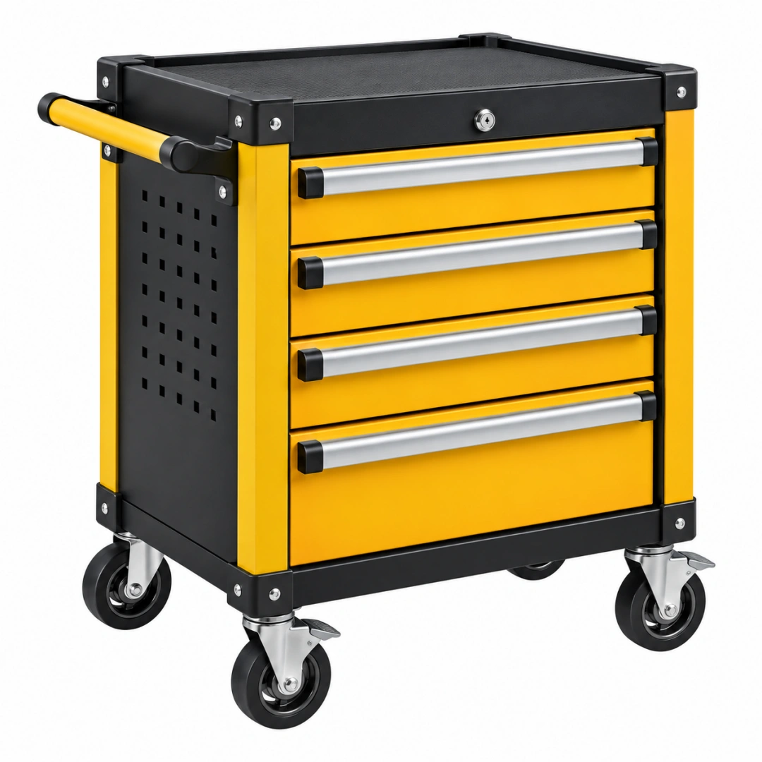 Carro de herramientas 70 x 45 x 90 cm de acero amarillo y negro con 4 cajones y ruedas