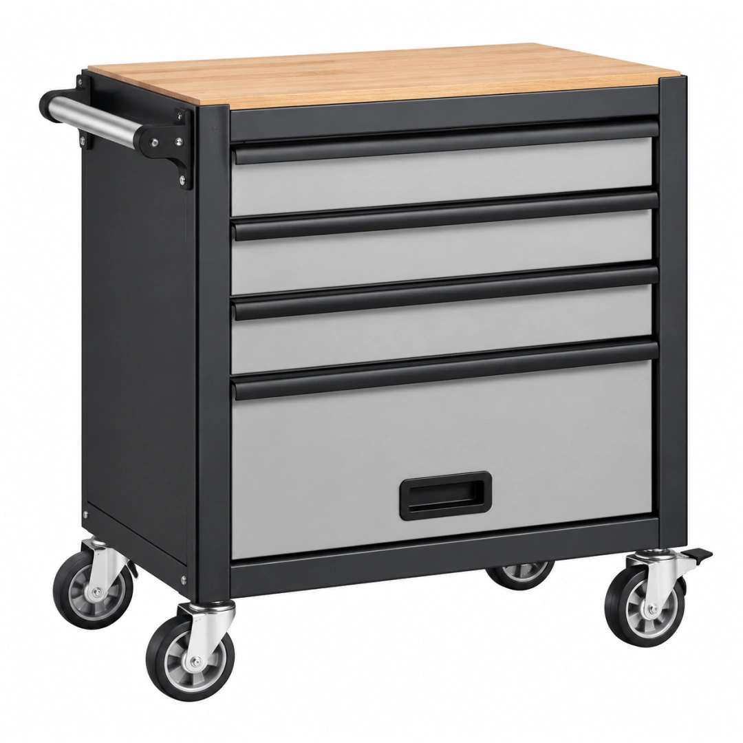 Carro de herramientas 77 x 46 x 97 cm de acero negro y gris con encimera de madera y 5 cajones con ruedas