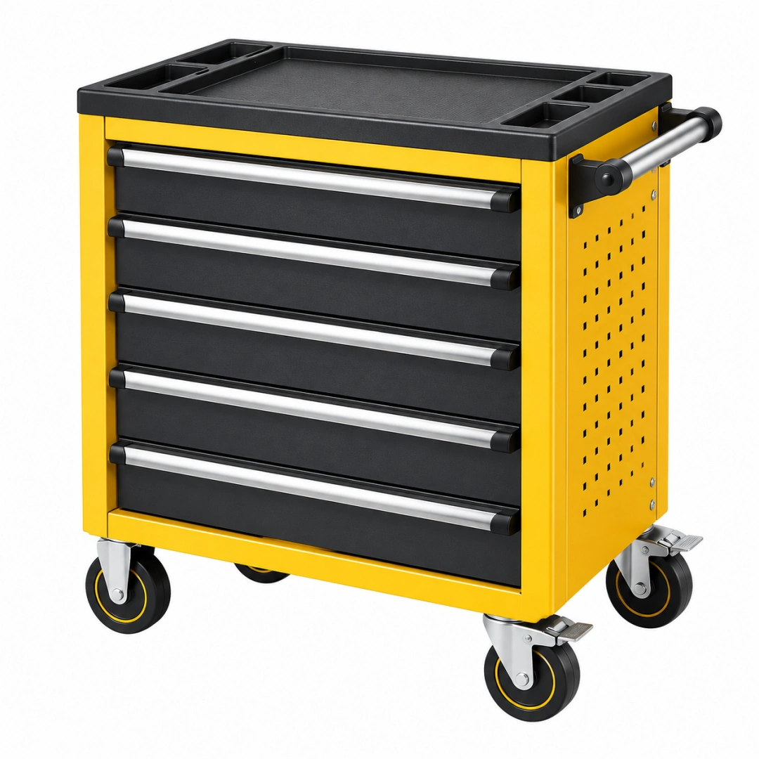 Carro de herramientas 77 x 46 x 97 cm de acero amarillo y negro con 5 cajones y ruedas