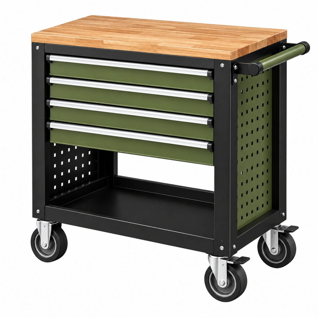 Carro de herramientas 85 x 50 x 95 cm de acero y madera verde con 4 cajones móvil
