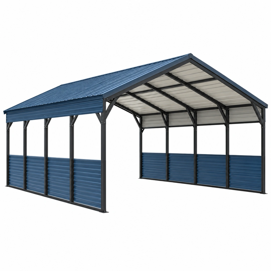 Cochera metálica 600 x 300 x 270 cm azul y negro con cubierta inclinada para exterior