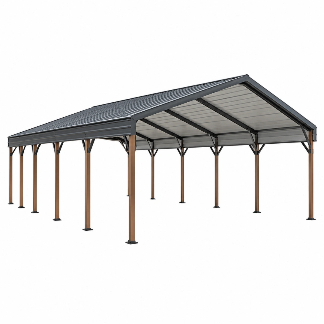 Cochera cubierta 600 x 300 x 270 cm de acero marrón y gris para exterior con techo inclinado
