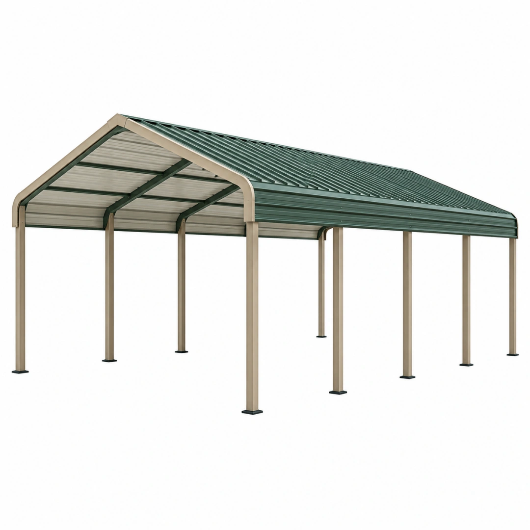 Cochera cubierta 600 x 300 x 270 cm de acero beige y verde para exterior con techo inclinado