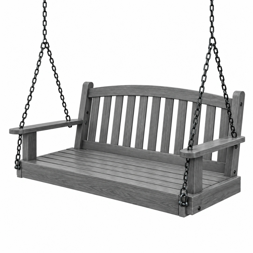 Columpio de jardín 130 x 65 x 60 cm de madera gris - asiento colgante con cadenas