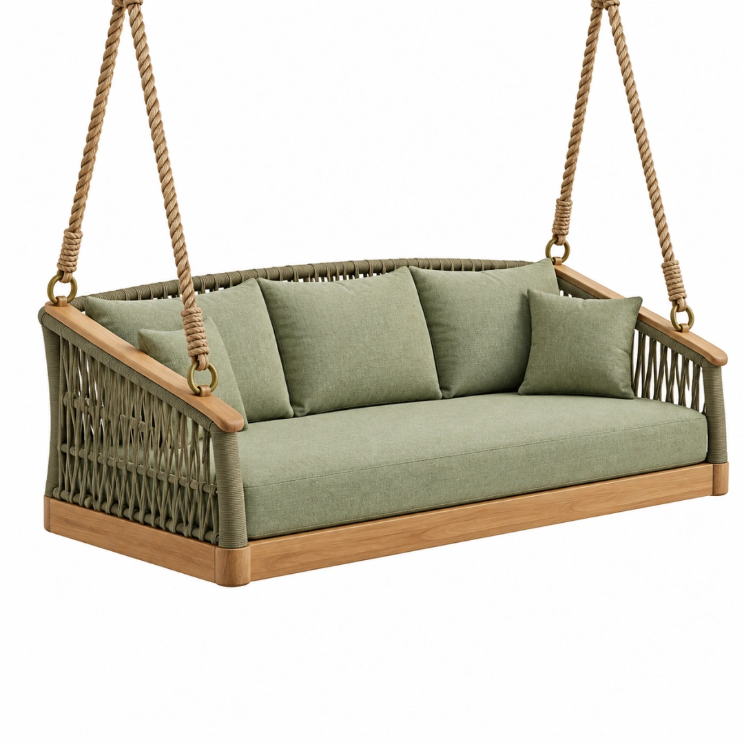 Columpio sofá de 180 x 80 x 65 cm de madera y cuerda verde para exterior
