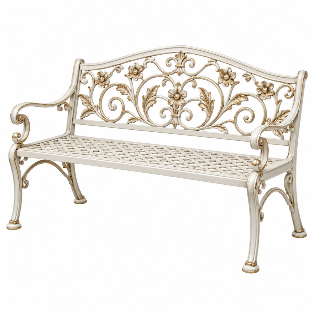 Banco de jardín 125 cm de metal blanco y dorado ornamental