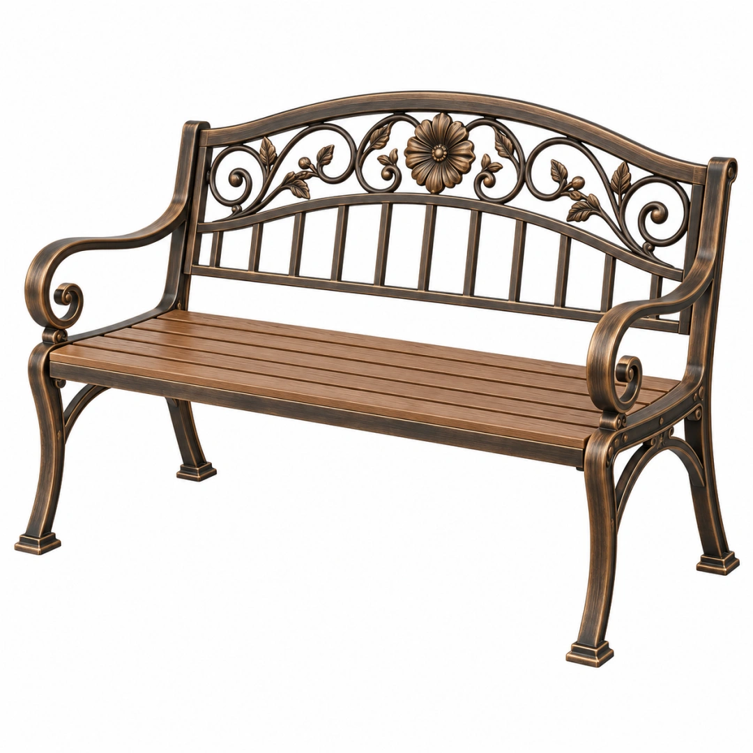 Banco de jardín 125 x 60 x 95 cm de metal marrón con respaldo floral clásico
