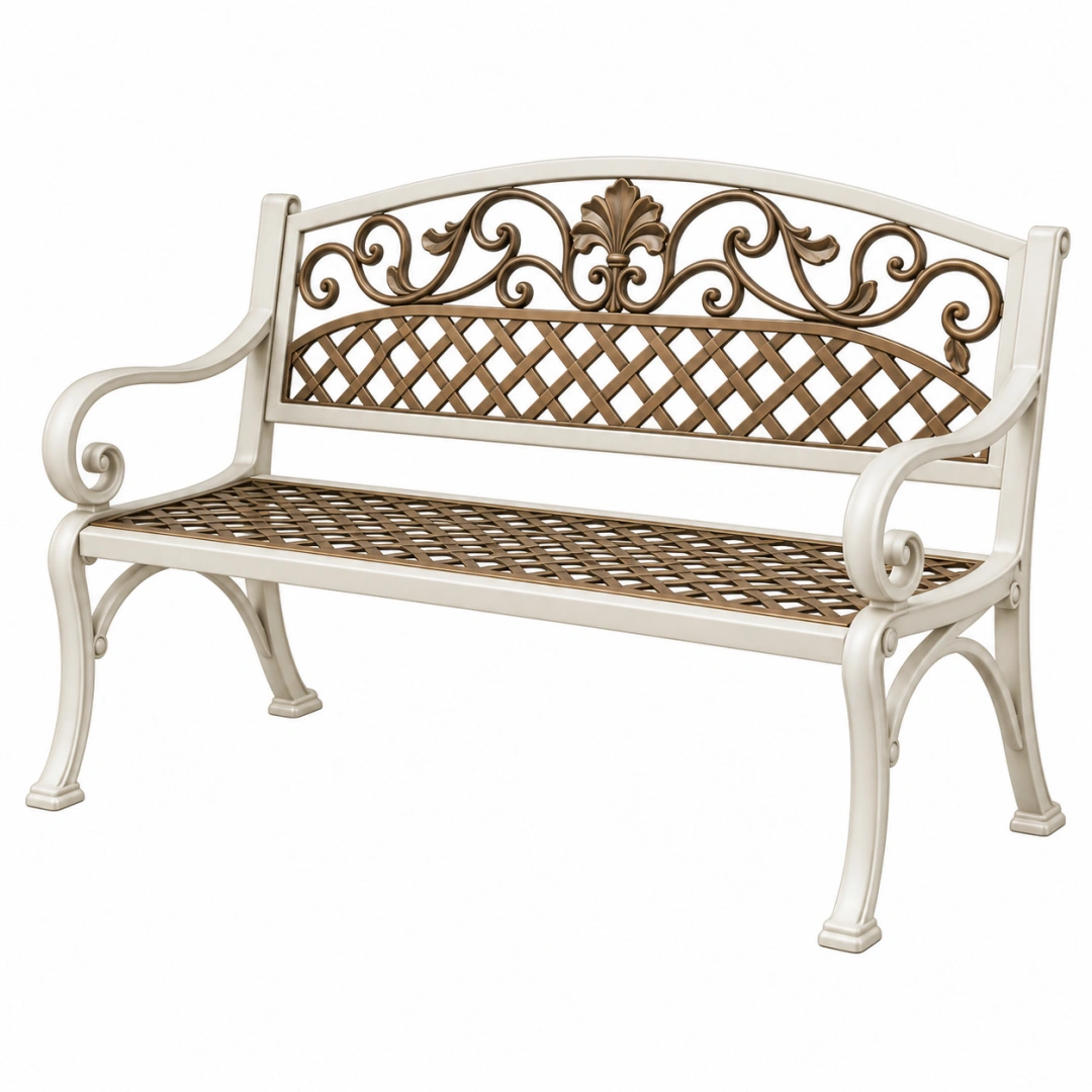 Banco de jardín 122 cm de metal crema y bronce con respaldo ornamental