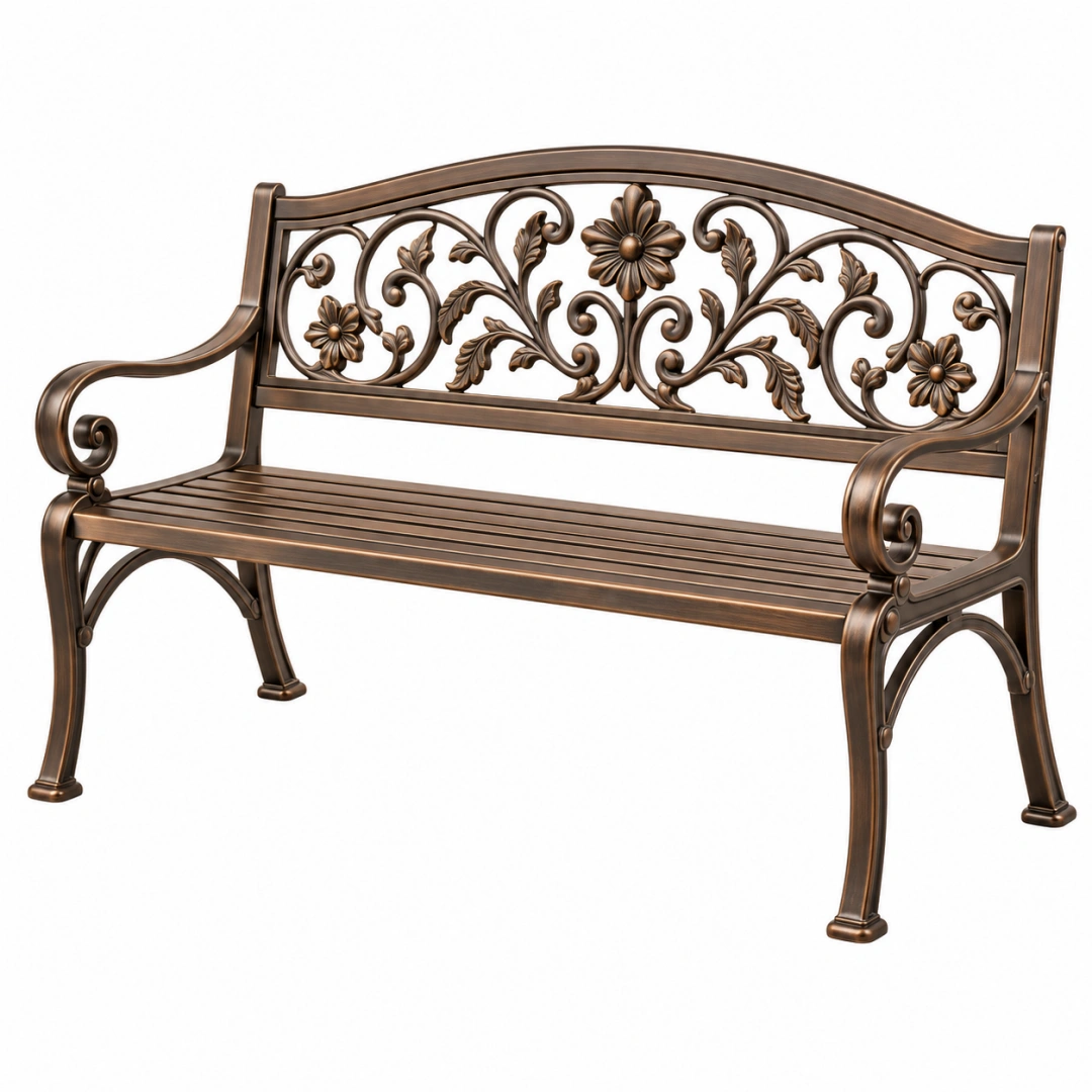 Banco de jardín 125 cm de metal bronce con respaldo floral clásico